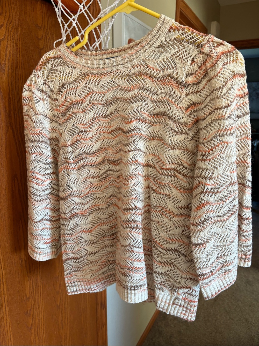 Democracy Cream Knit Crewneck Sweater with Orange and Tan Flecks